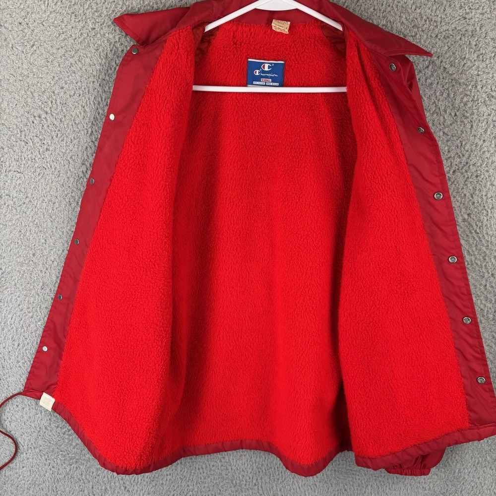 Vintage 1980s Champion Coaches Jacket Mens Small Red Sherpa Lined Snap Made USA - Picture 6 of 10